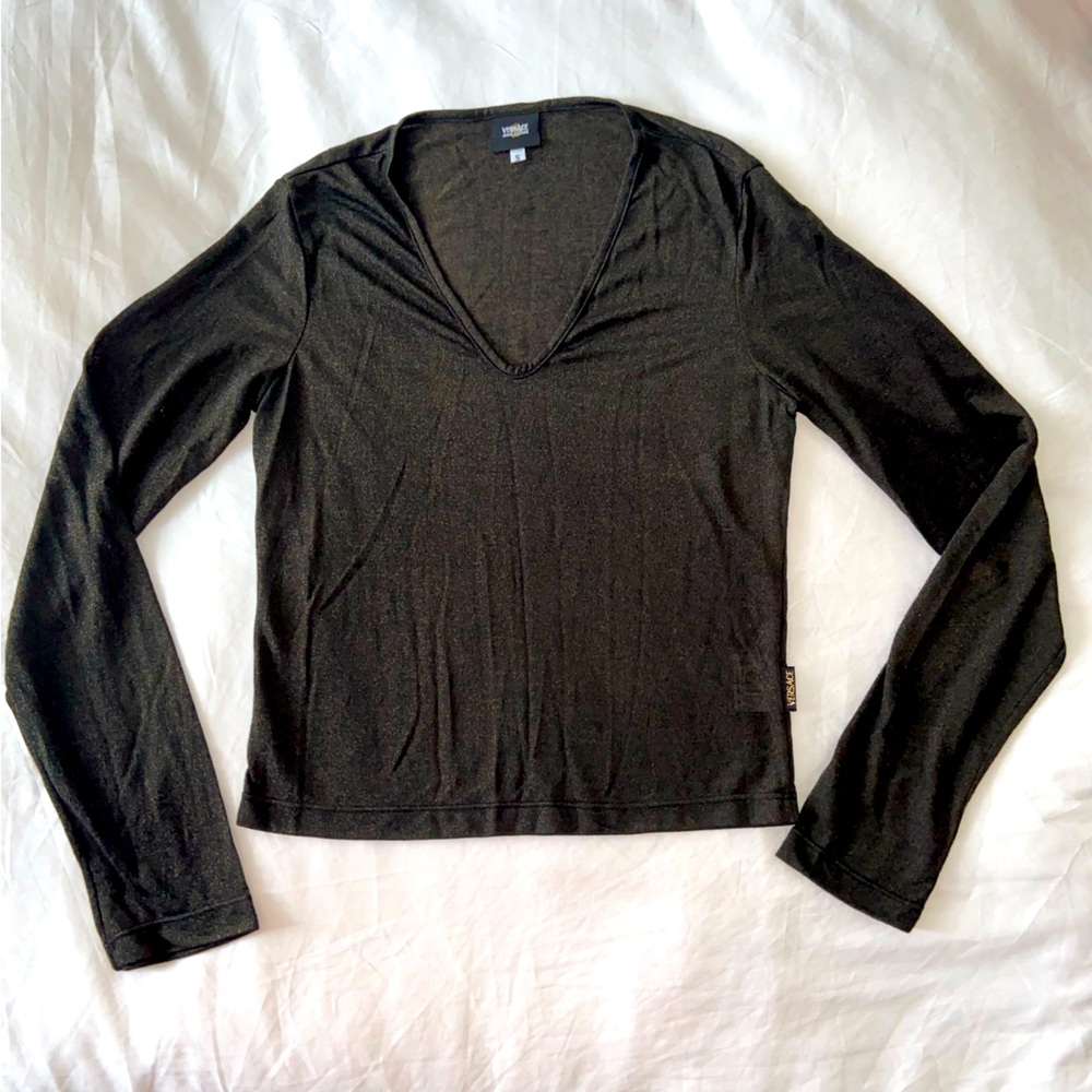 Versace Vintage golden brown copper long sleeve body V-neck stretch Blouse top s